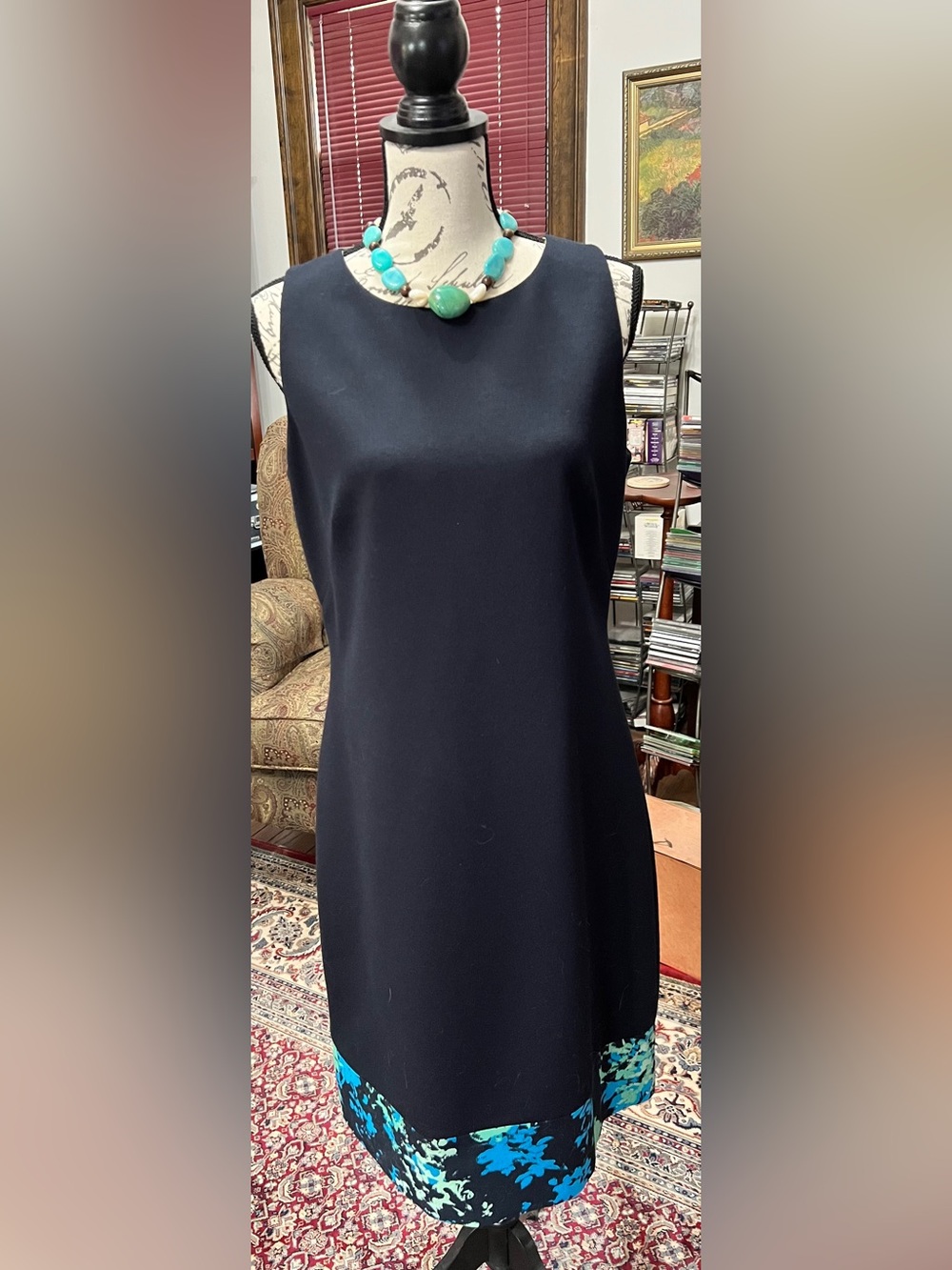 T Tahari Navy Blue Midi Shift Dress with Turquoise Floral Hem